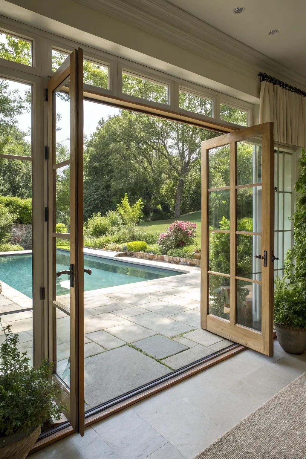 A bright pool house featuring expansive windows and a seamless connection to the outdoors.
