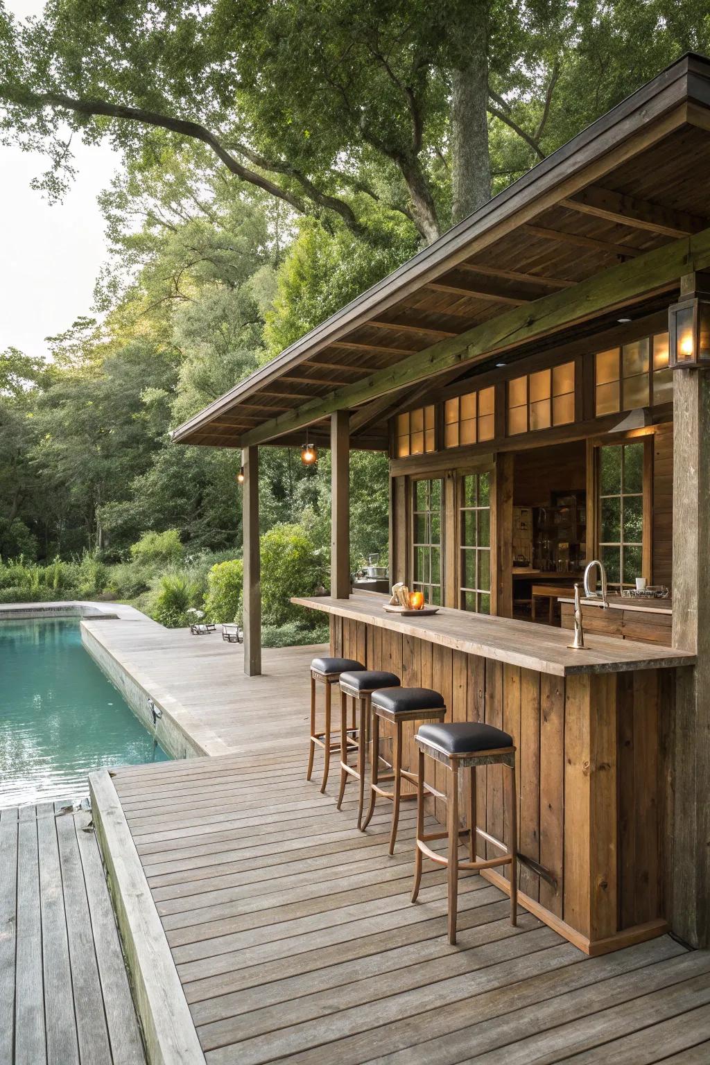 A <strong><em>rustic wood bar</em></strong> gives your poolside a warm, inviting feel.” loading=”lazy” class=”pimg”>
	</picture><figcaption>A <strong><em>rustic wood bar</em></strong> gives your poolside a warm, inviting feel.</figcaption></figure>
<p>There’s a certain allure to having a <strong><em>rustic wood bar</em></strong> near your pool house. I once built a cedar bar in my backyard, and it quickly became the go-to spot for all our summer celebrations.</p>
<h3>Some handy options:</h3>
<ul class=
