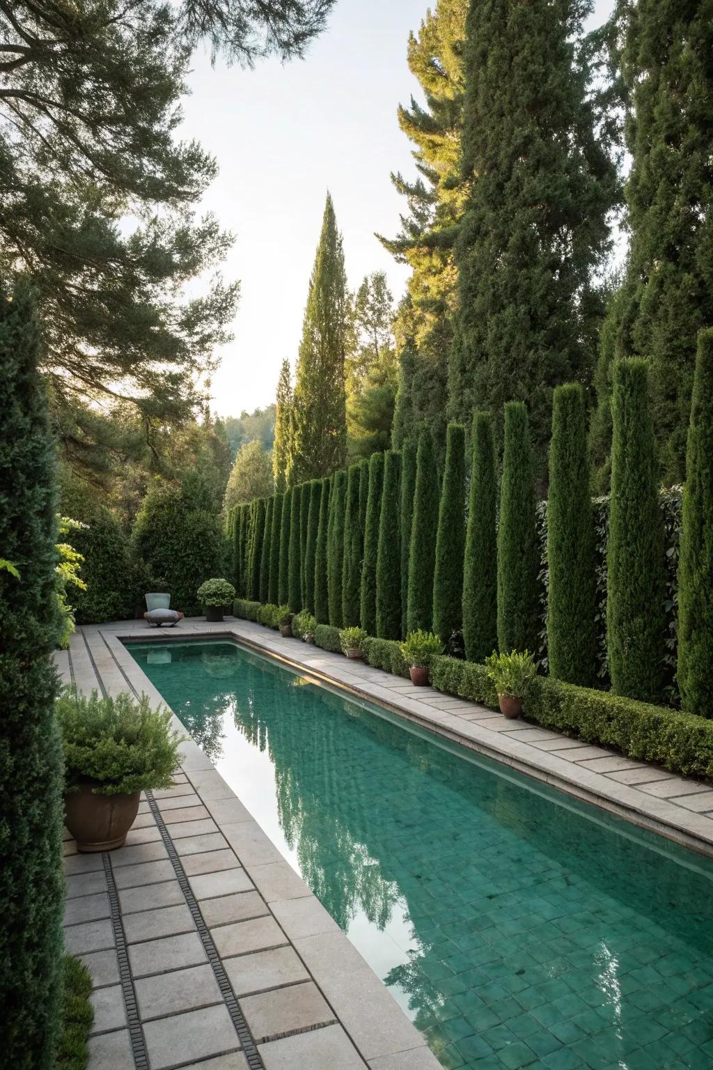 Evergreen privacy walls add elegance and seclusion to your pool area.