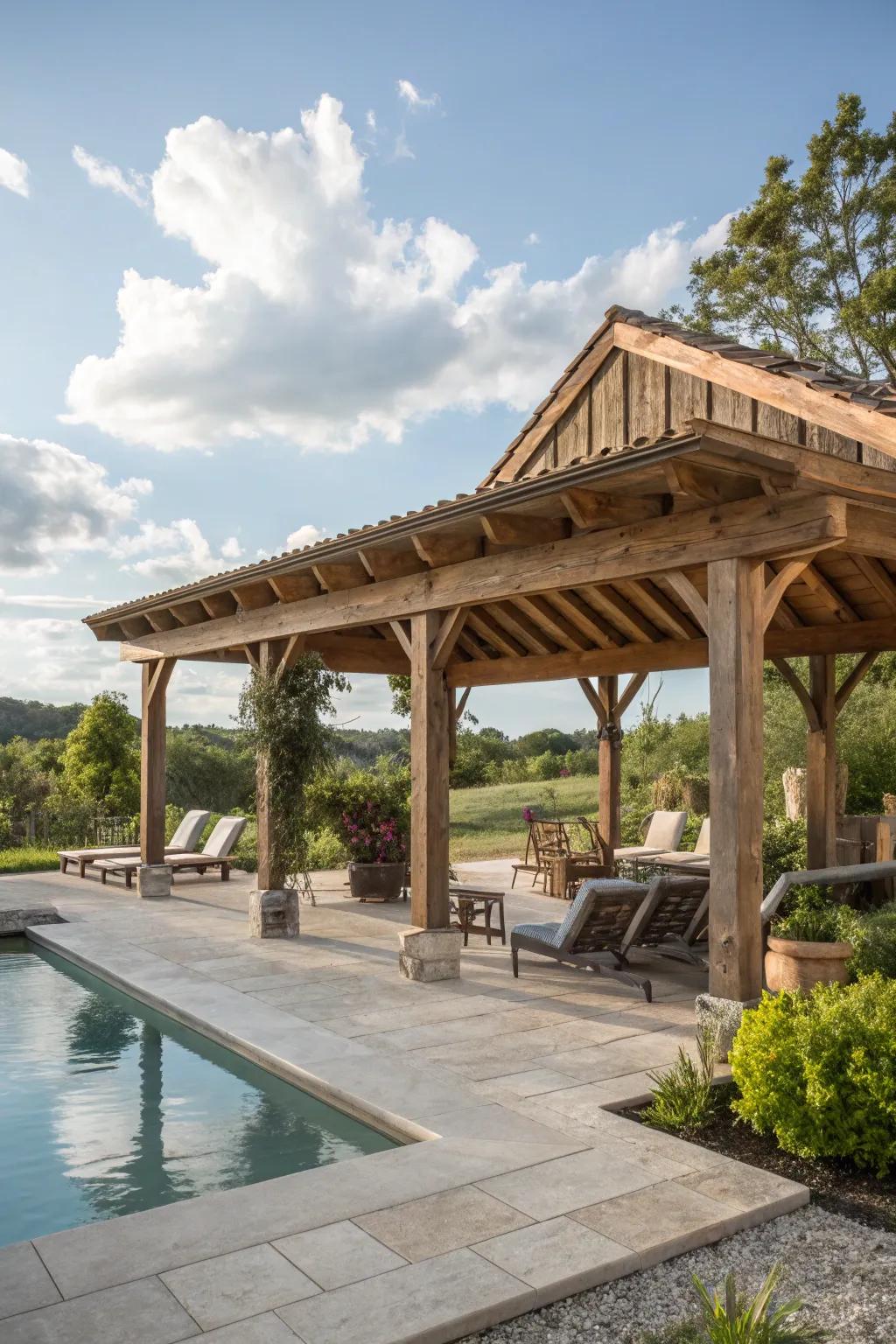 Open pavilions exude a rustic allure and effortlessly blend with your backyard's natural landscape.