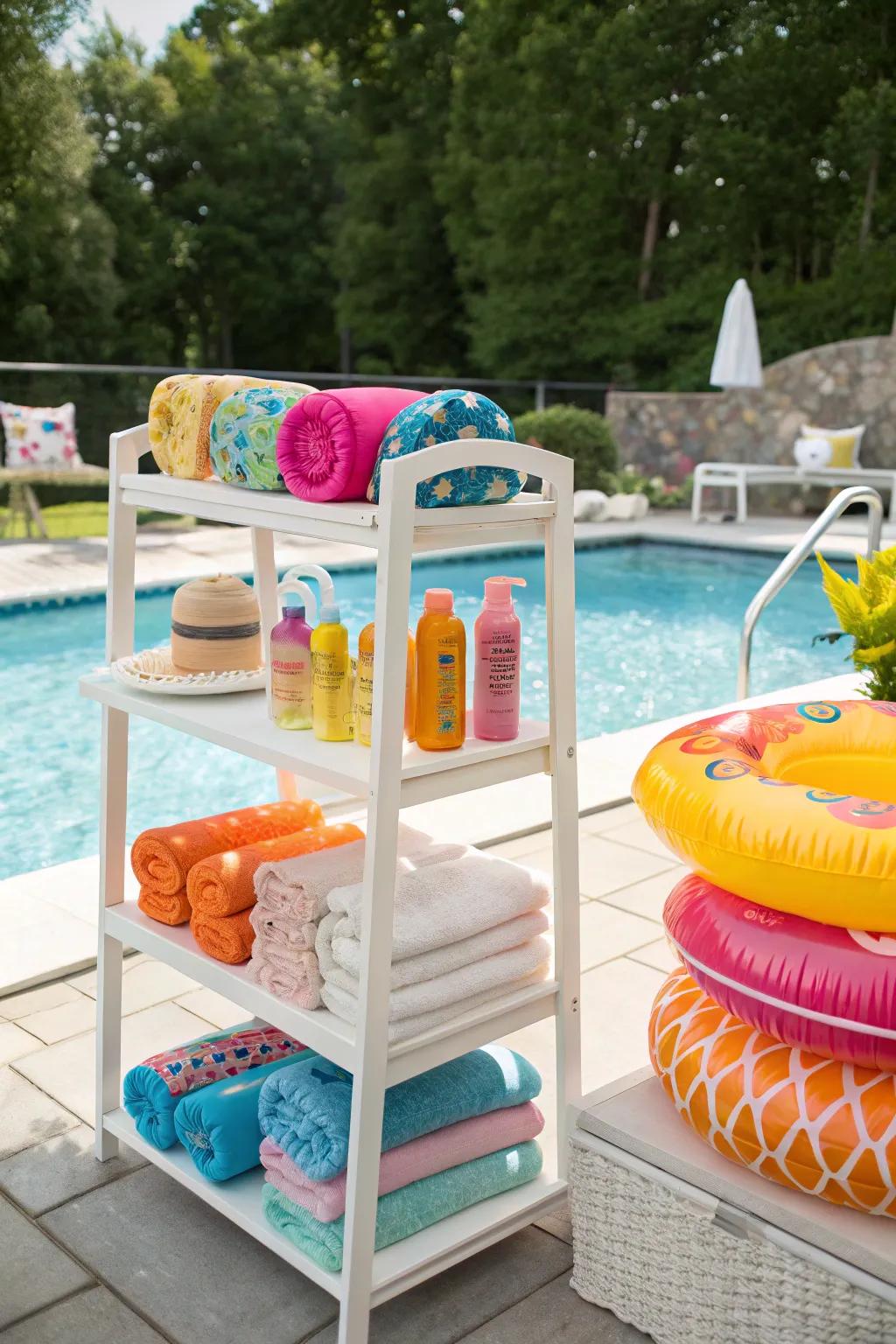 Custom shelving units are a stylish way to keep your poolside organized.