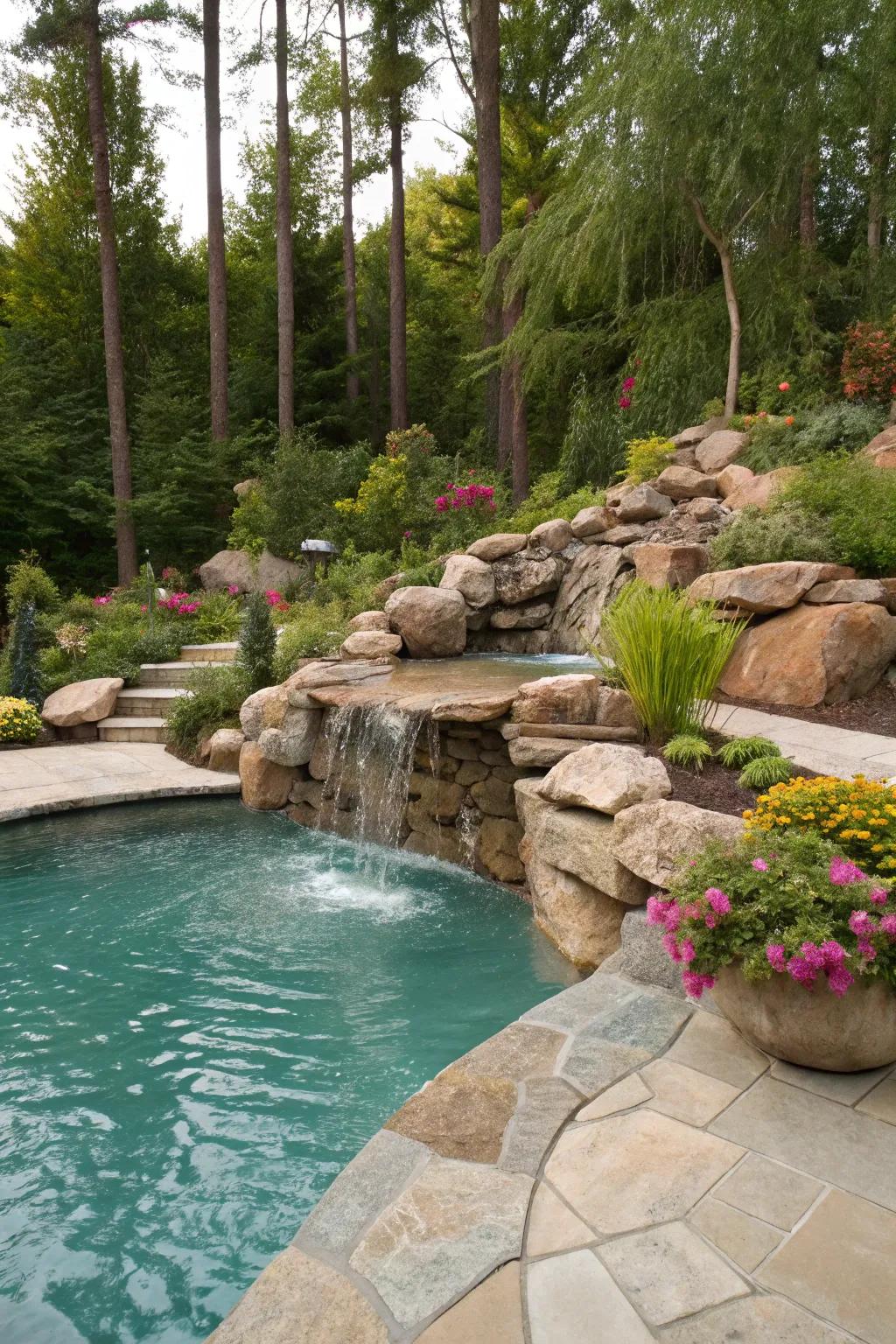 A natural rock waterfall adds a rustic charm to your pool.