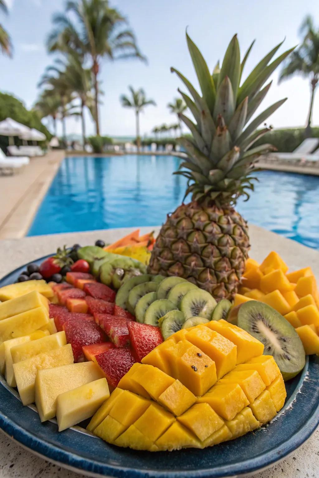 A vibrant display of tropical fruits to commence your poolside meal.