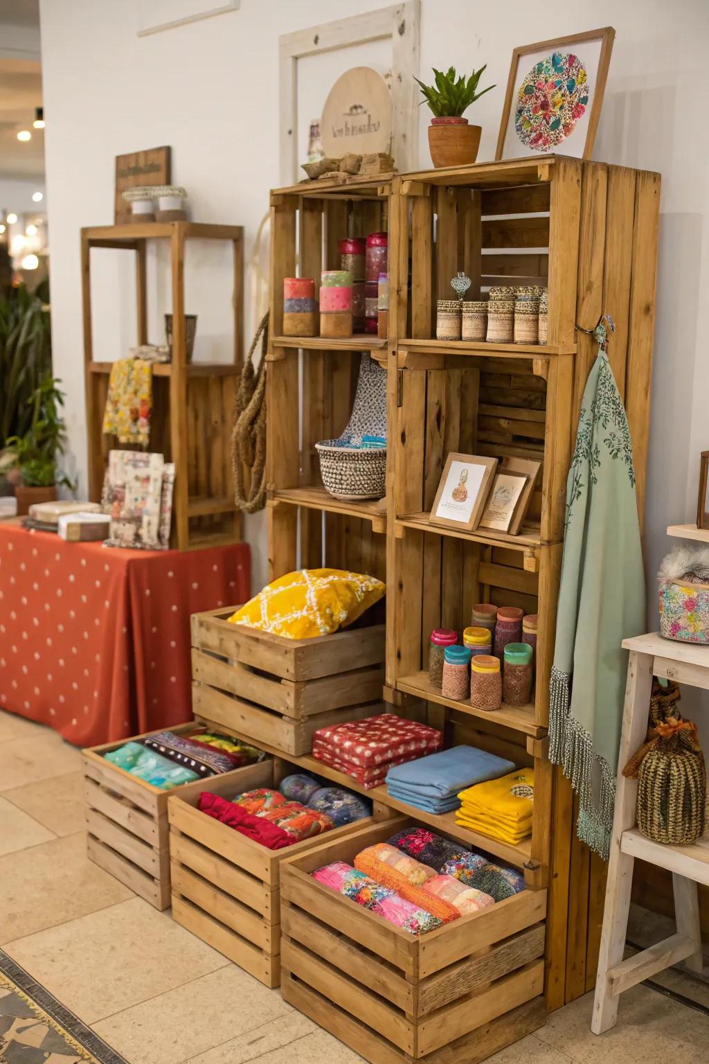 Wooden boxes give a farmhouse style to pop-up displays, ideal for presenting colorful items.