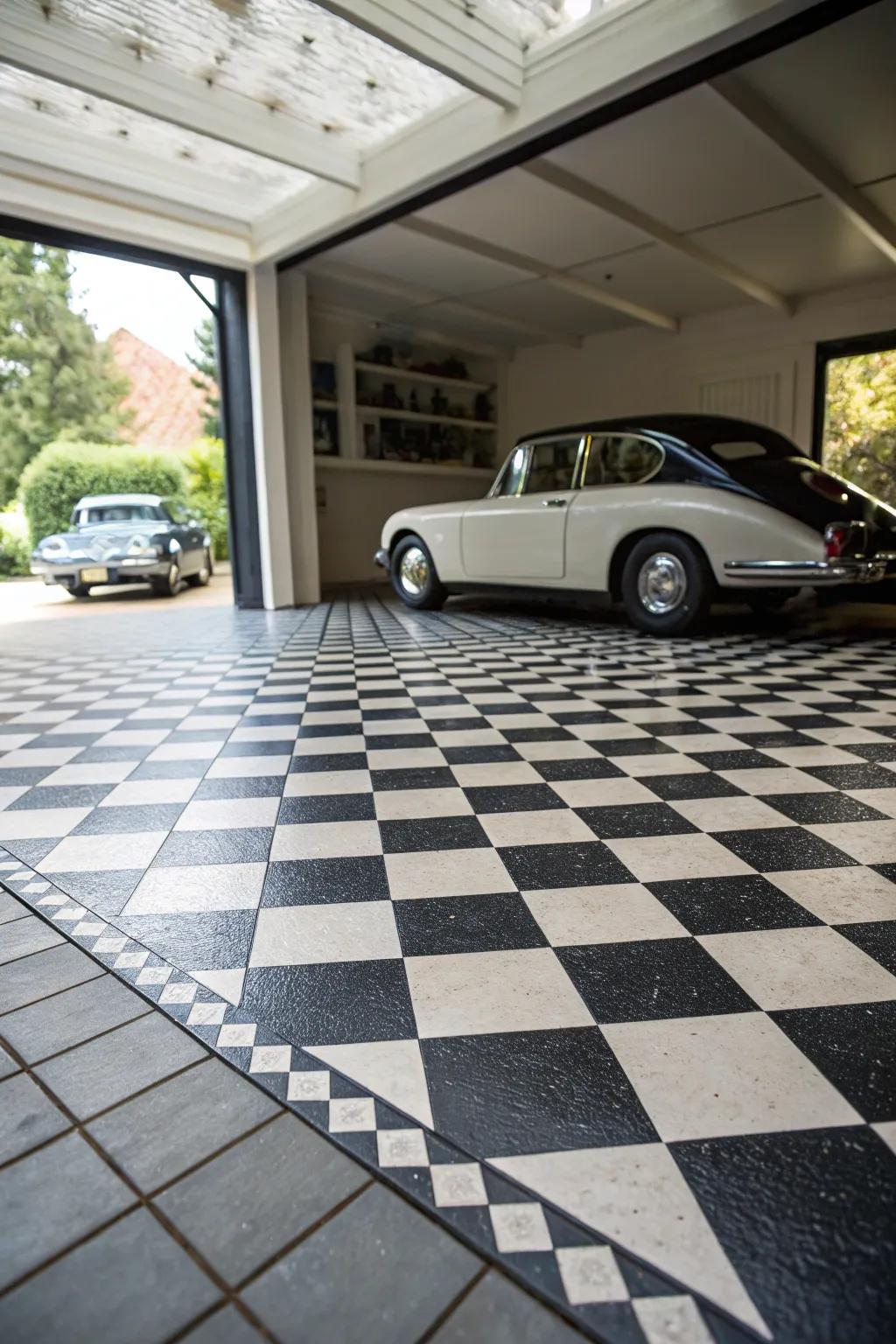 Adopt a timeless style with a classic chessboard floor using tiles in your garage.