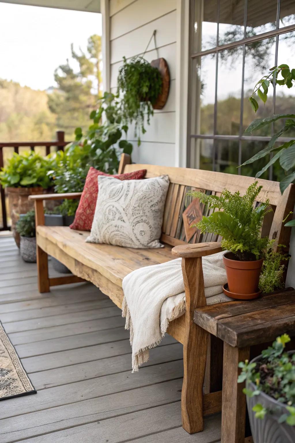 A country-style natural edge wood bench infuses charm into any porch.