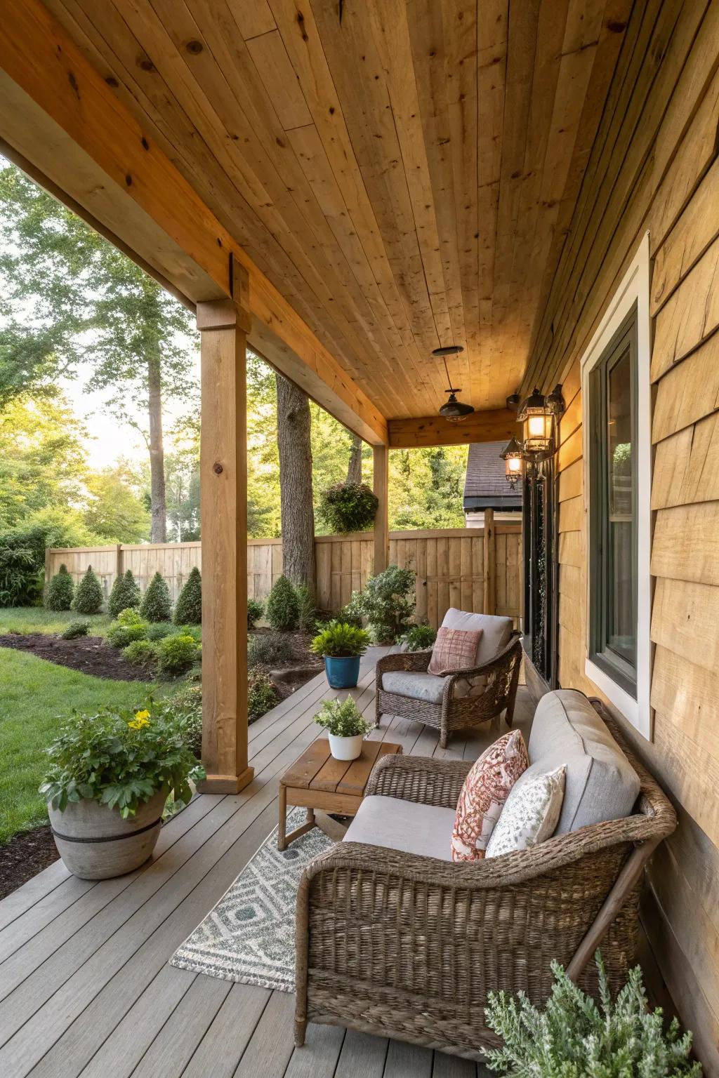 A delightful rustic wood knee wall enhances a porch.
