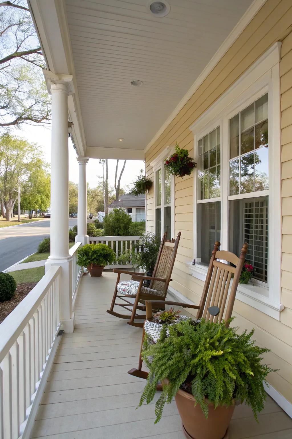 A peaceful porch in neutral shades radiating sophistication and straightforwardness.