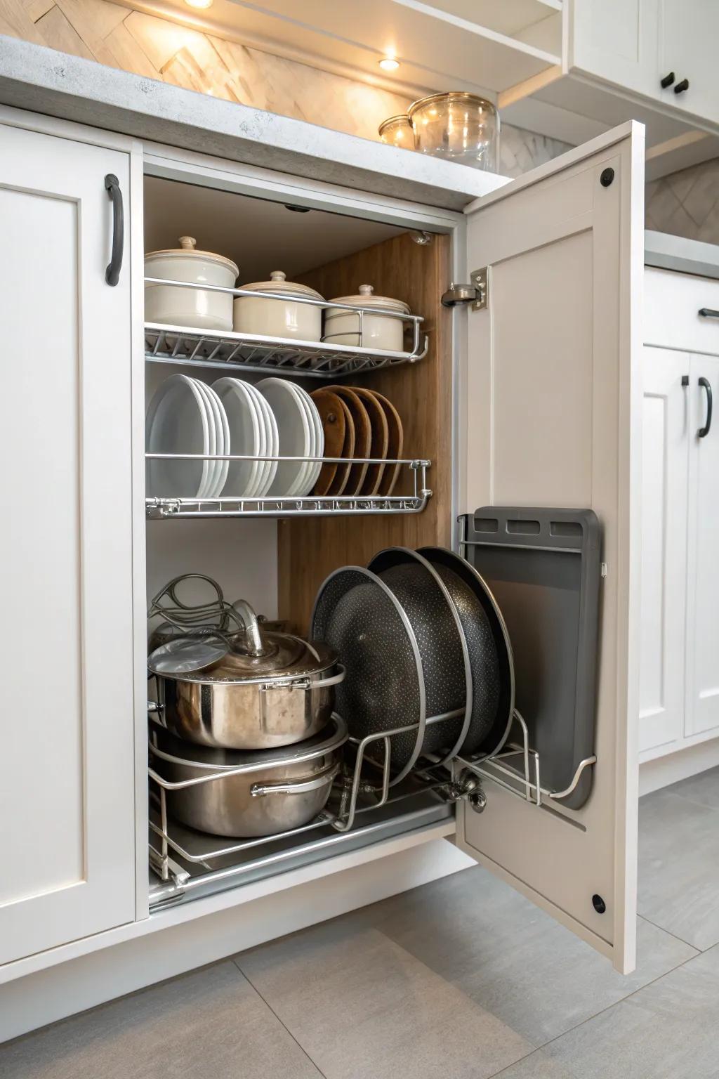 Tiered stands and adjustable separators create a neat and accessible cabinet space.