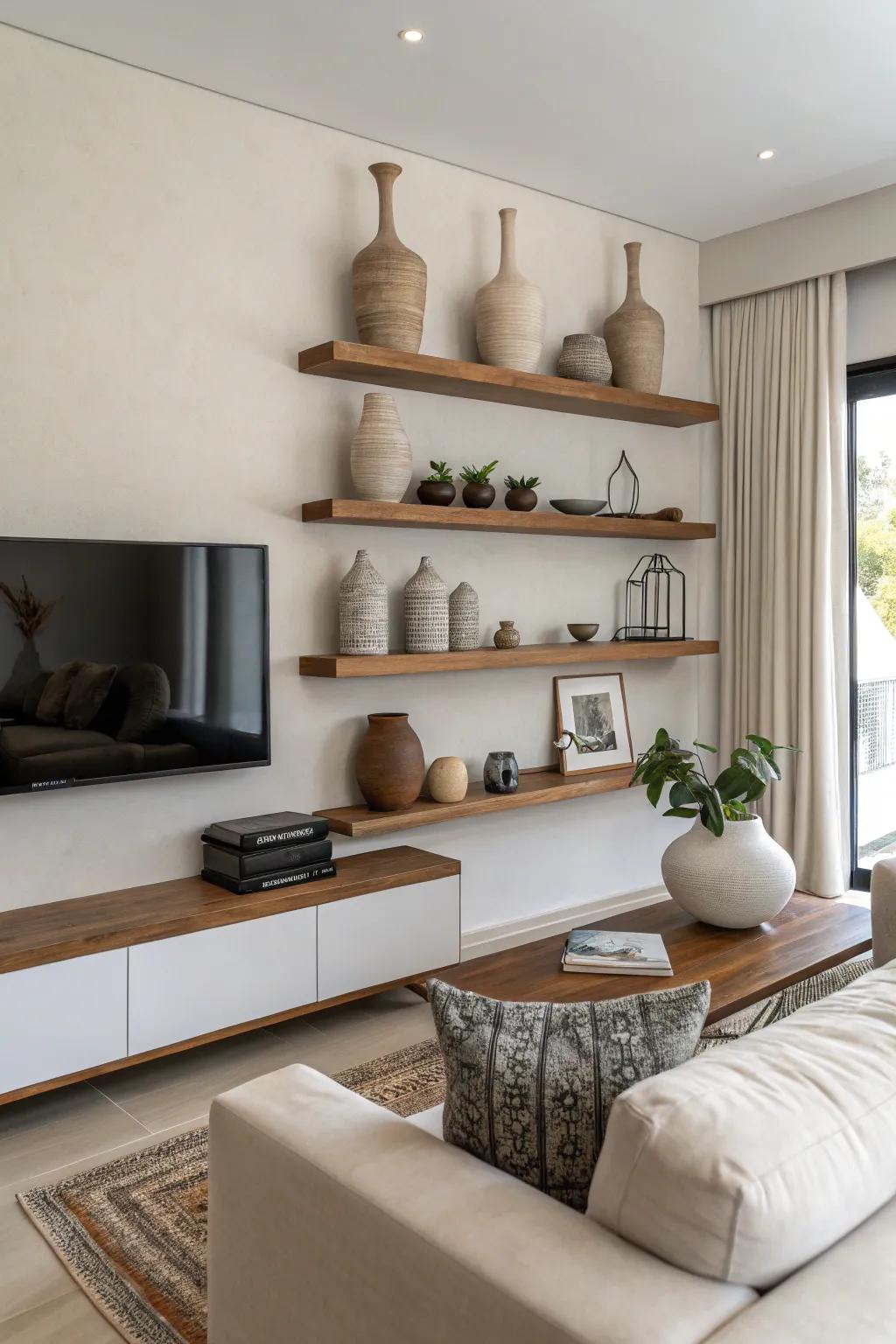 Floating shelves with pottery in a minimalist living room.