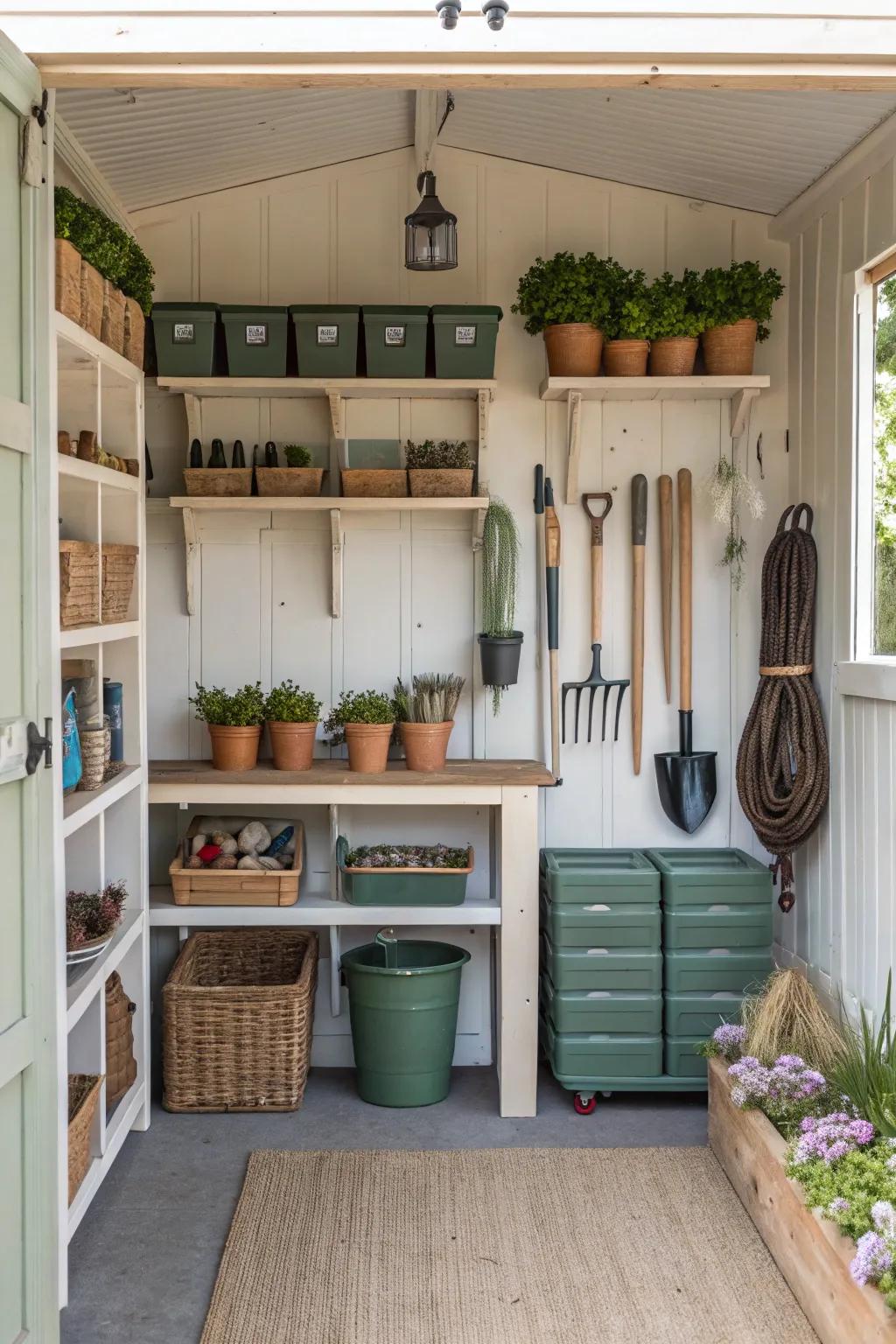 A well-kept potting shed featuring clever storage solutions.