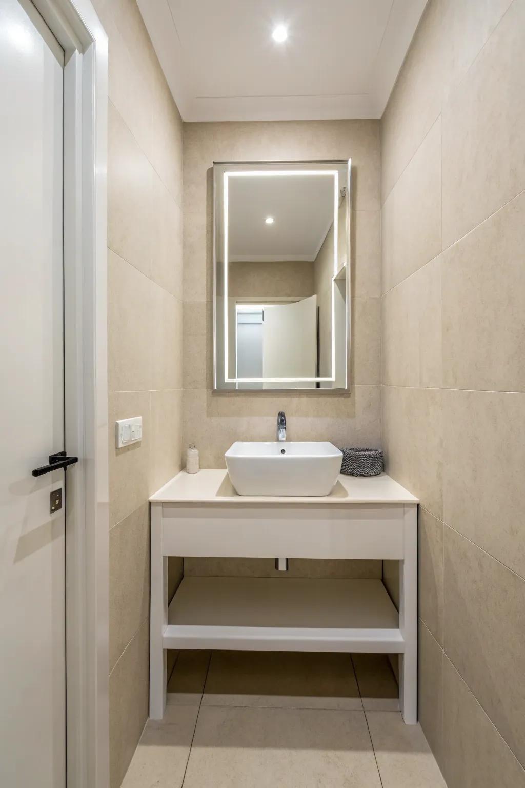 A minimalist powder room featuring sleek lines and a tranquil neutral palette.