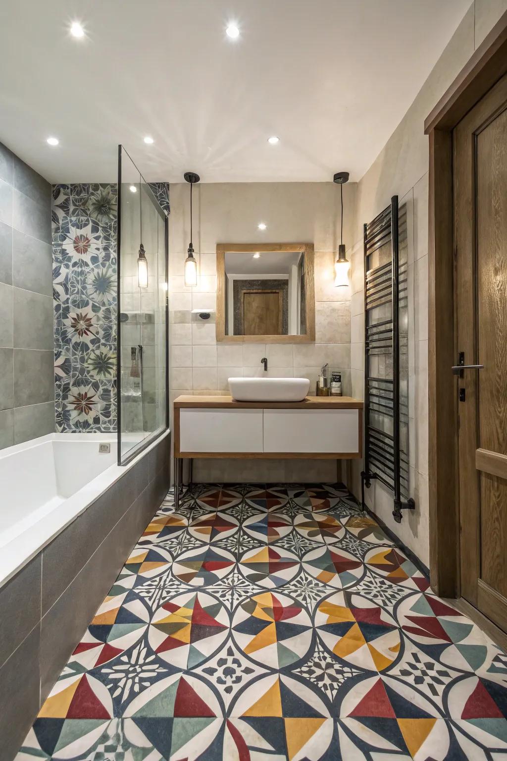 Geometric tiles provide a striking modern look in any compact powder room.