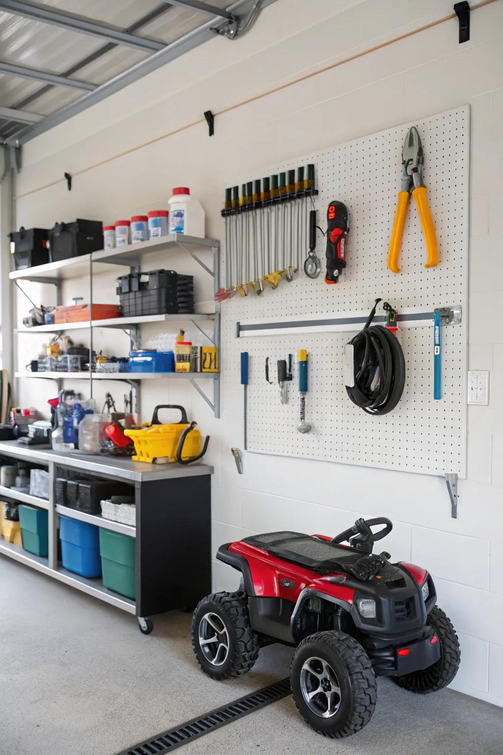 Electric ride-on cars suspended on garage wall mounts for effective storage.