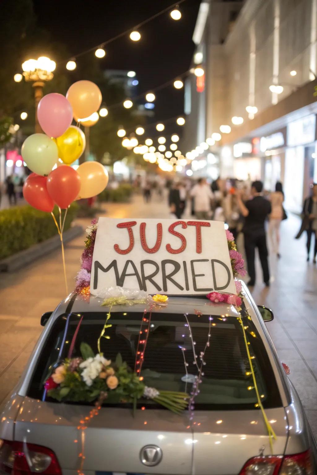 Classic 'Just Married' sign adds a timeless touch to the getaway car.