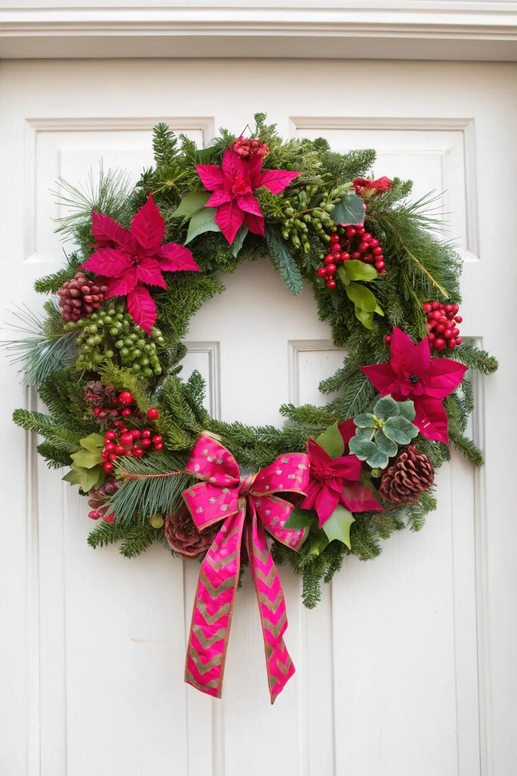 A vibrant preppy Christmas wreath in radiant colors.