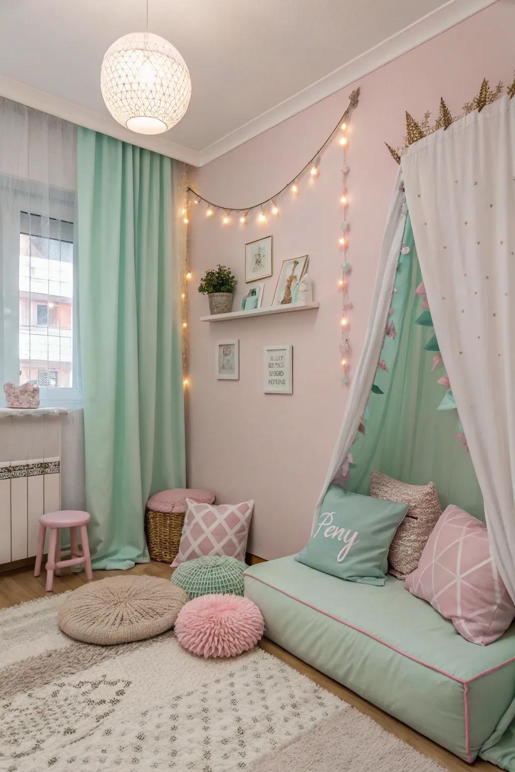 Soft hues create a calm and stylish ambiance in your preppy space.