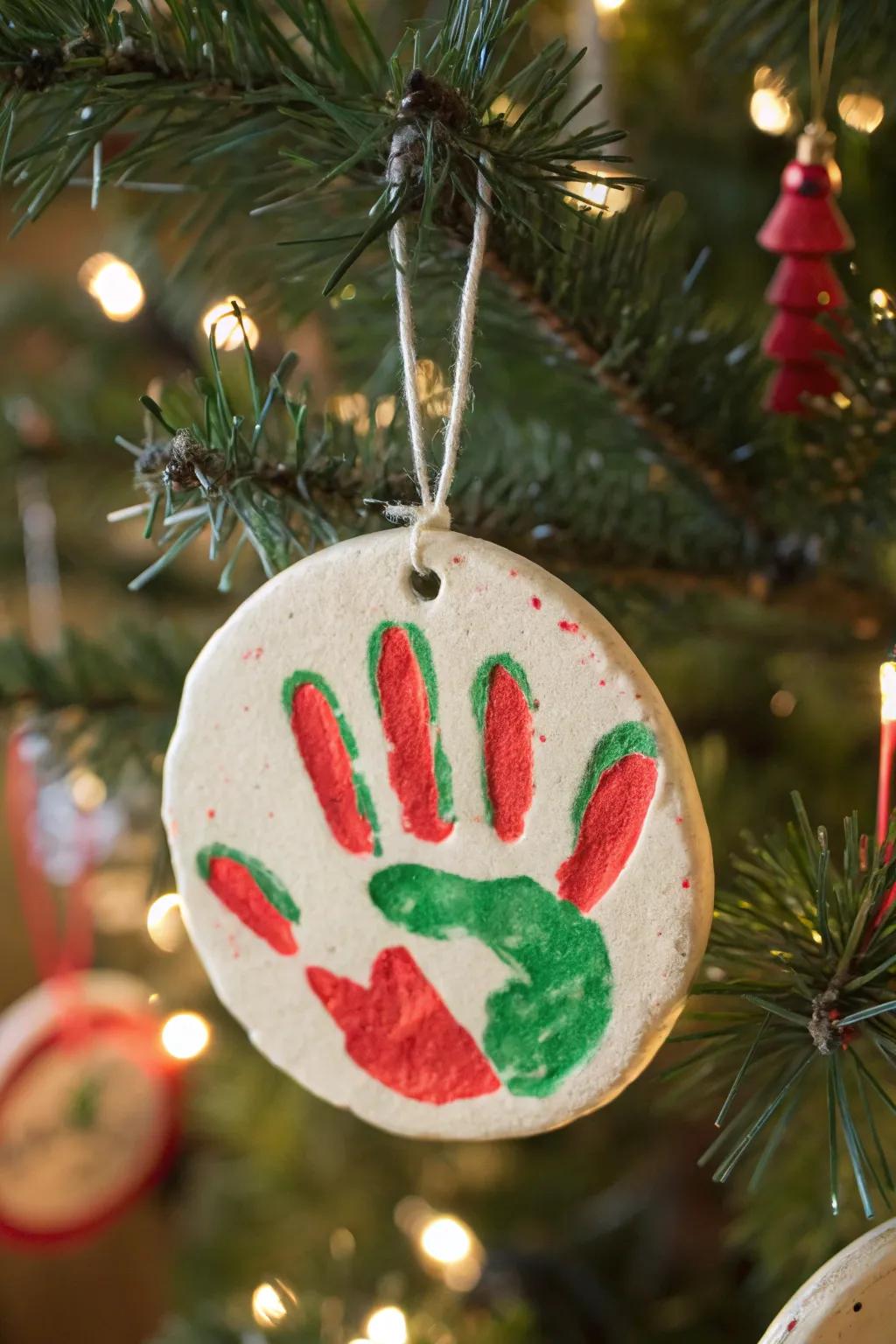 A personal holiday touch: a beautifully painted salt dough handprint ornament.