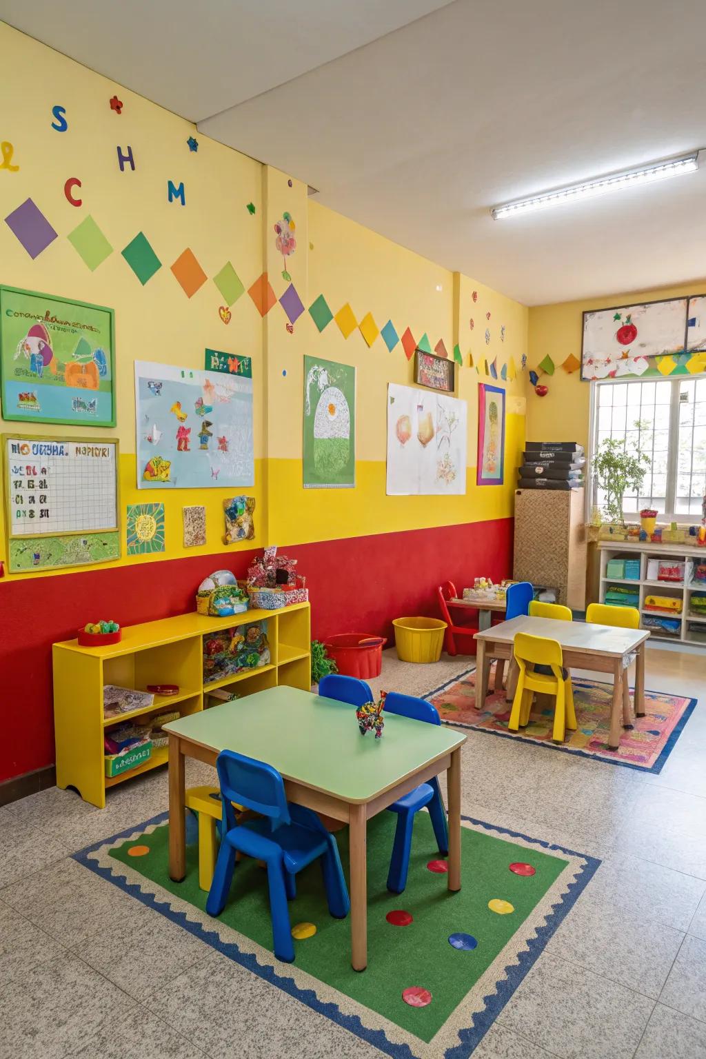 A preschool classroom shimmering with bright and lively colors.