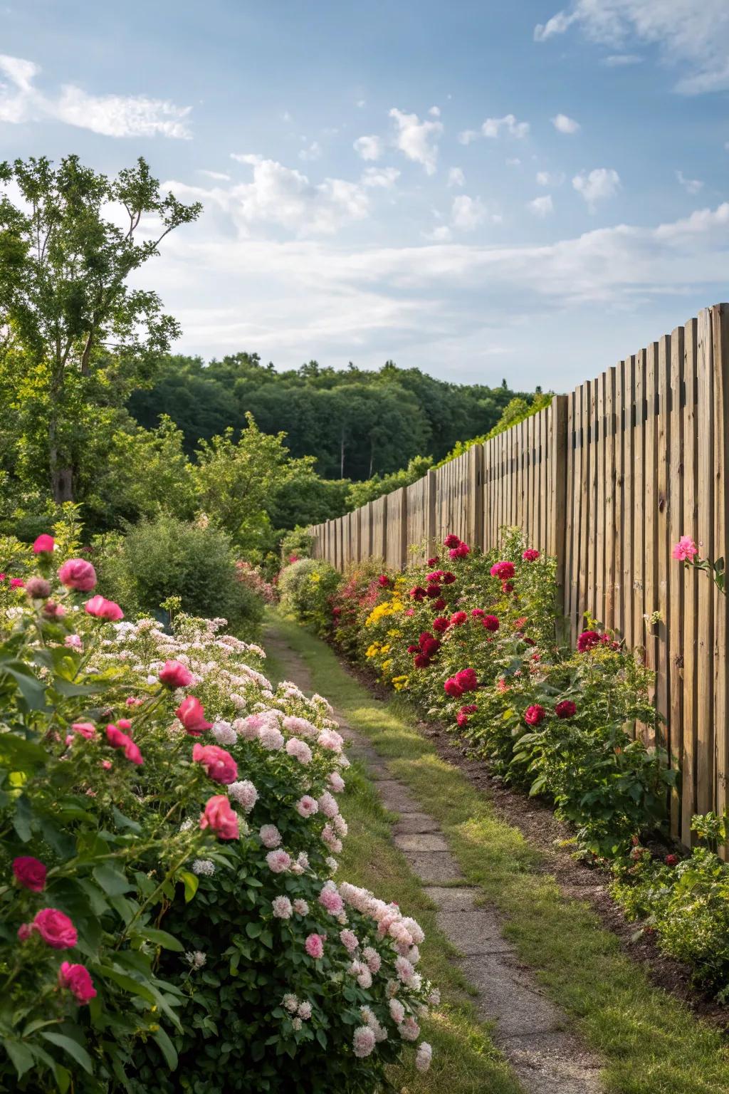 Vertical wooden slats provide a timeless and organic privacy look.