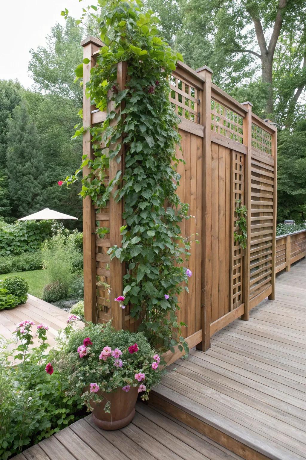 A timber seclusion screen adorned with vibrant climbing flora.