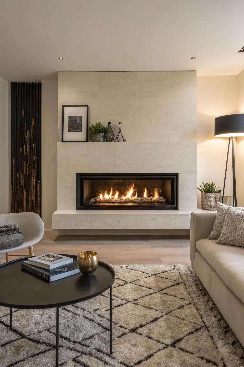 A streamlined living room showcasing a sleek propane fireplace as the central feature.