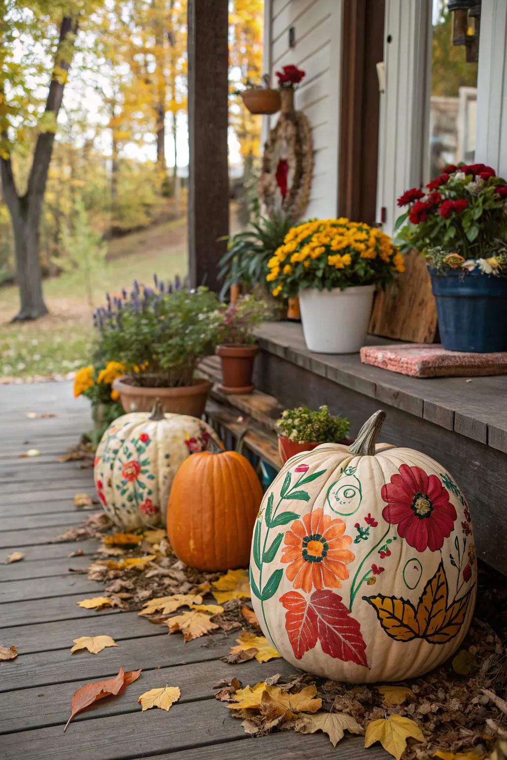 Pumpkins enhanced with colorful floral artwork.