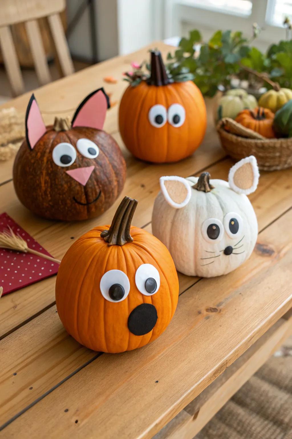 Whimsical pumpkins turned into delightful animals.