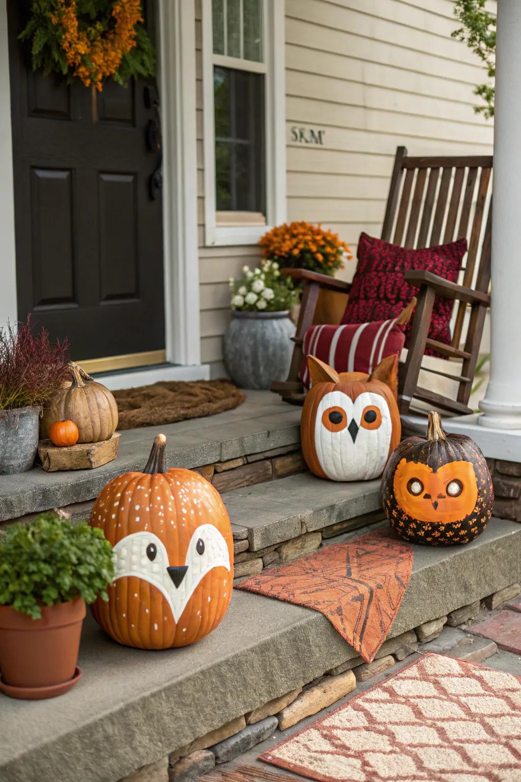 Turn pumpkins into lovable animal faces for a playful accent.
