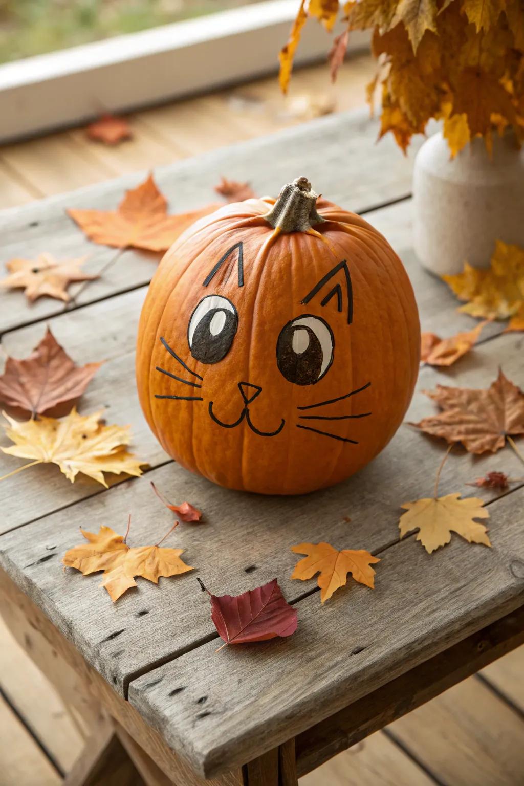 A pumpkin carved with a lovely cat face, ideal for feline enthusiasts.