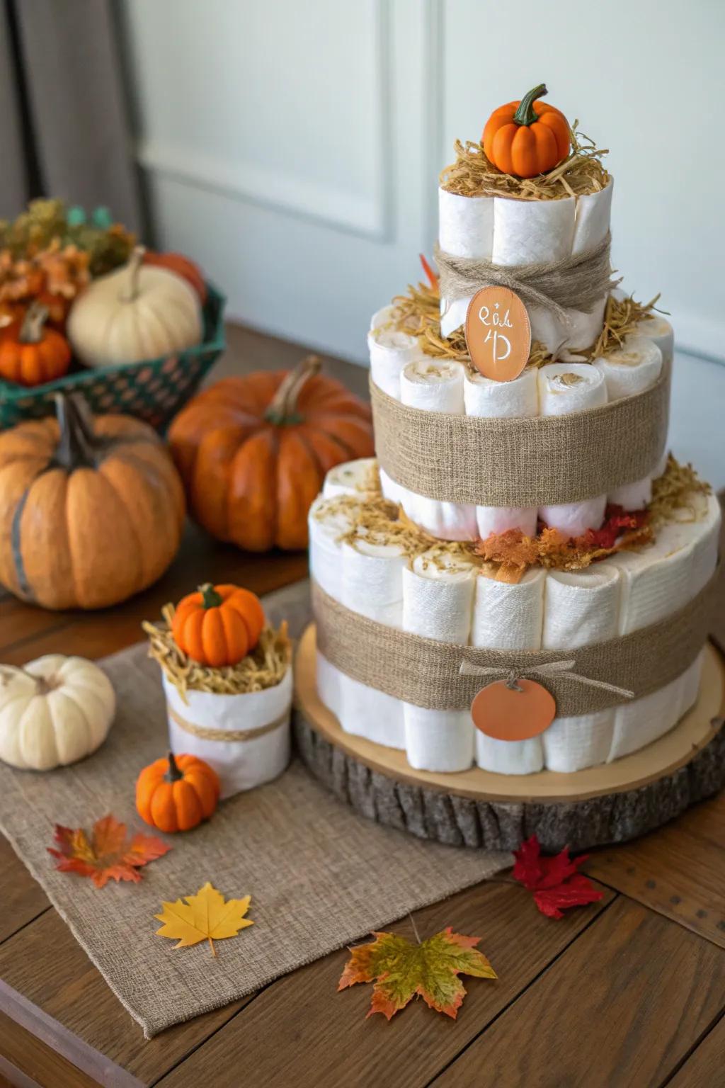 A timeless pumpkin patch diaper cake is essential for any fall baby celebration.
