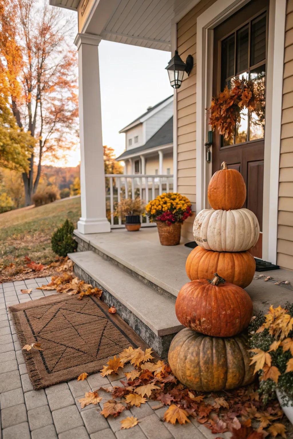 A stack of pumpkins gracing a front porch, offering a heartwarming welcome.