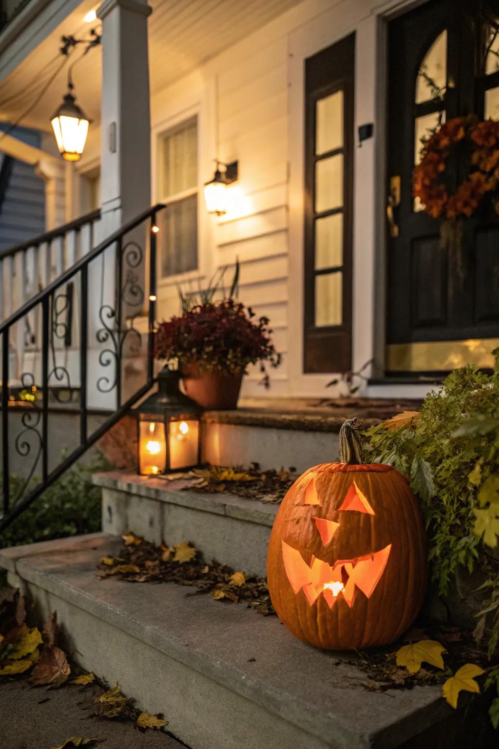 A typical jack-o'-lantern sporting a classic, toothy grin.