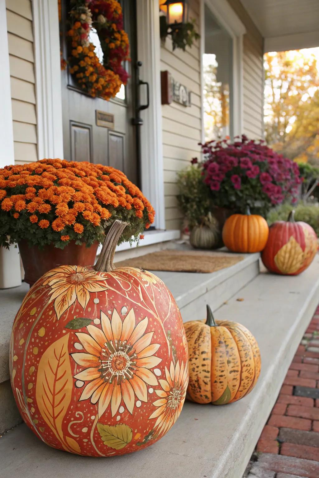 Floral painted pumpkins introduce a vibrant element to any autumn porch.