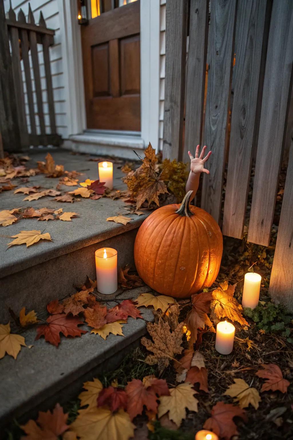 A whimsical, slightly spooky, doll-themed pumpkin.
