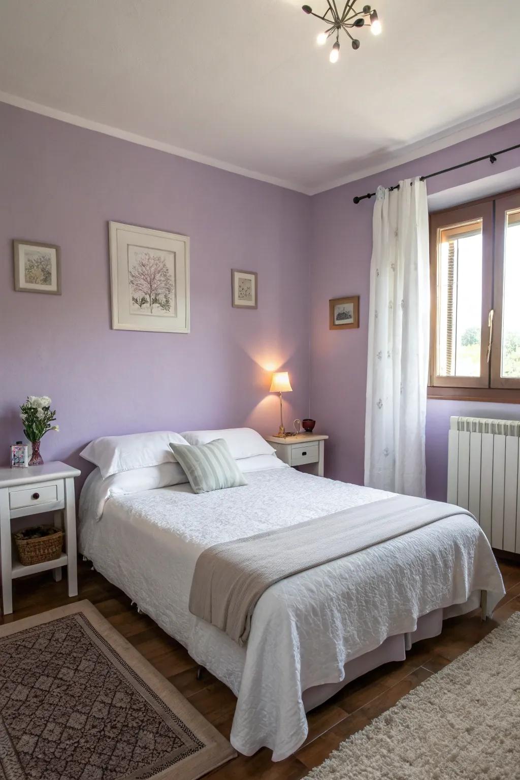 Lavender walls establish a calming environment in this simple bedroom.