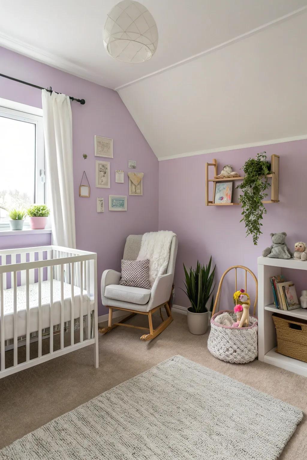 Lavender walls establish a calming and serene environment.