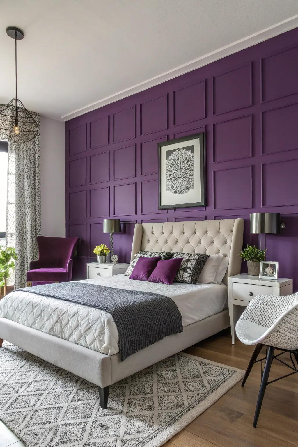 A bedroom showcasing a vibrant purple focus wall, creating a captivating impression.