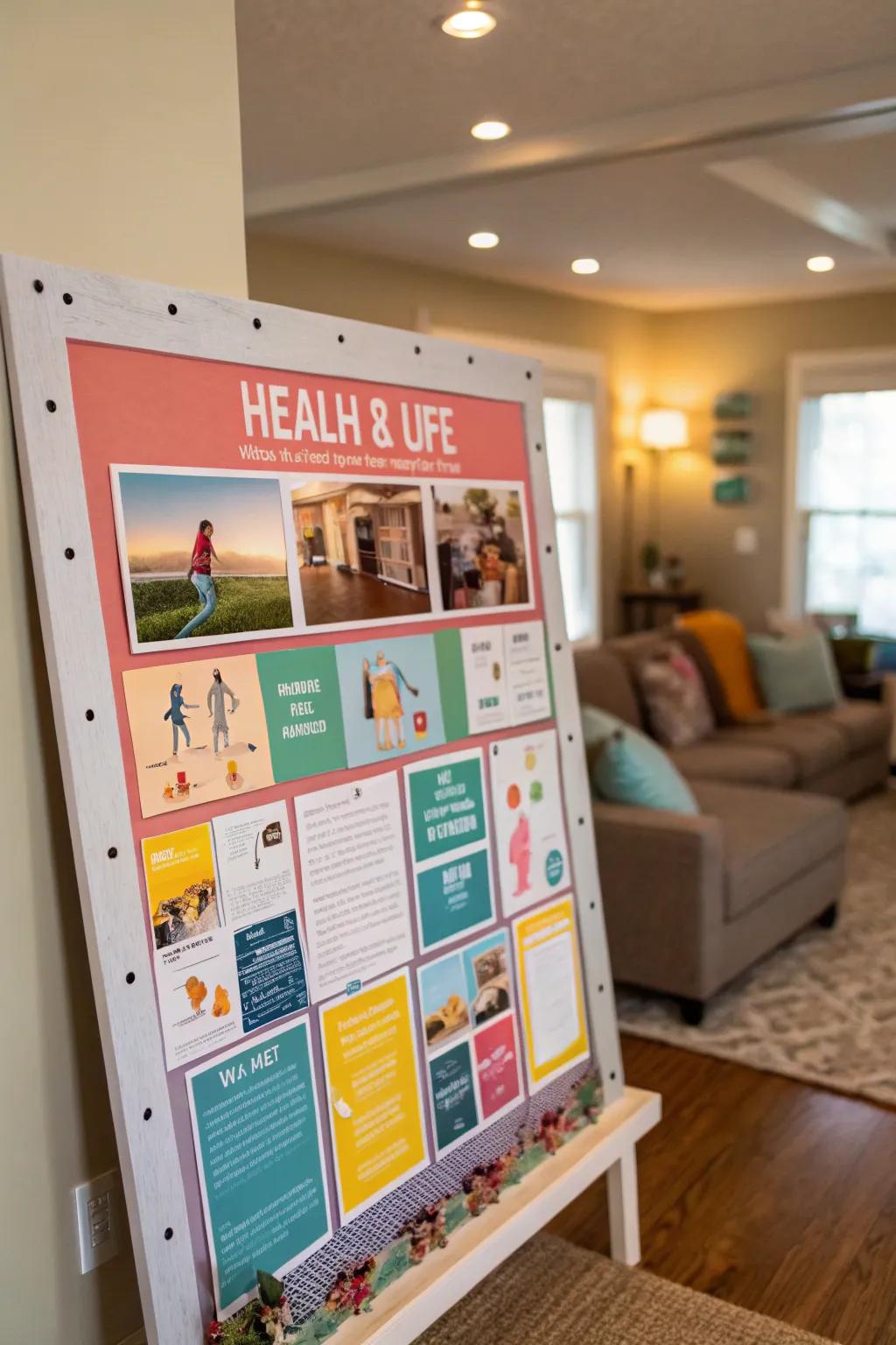A bulletin board promoting wellness and health using colorful visuals.