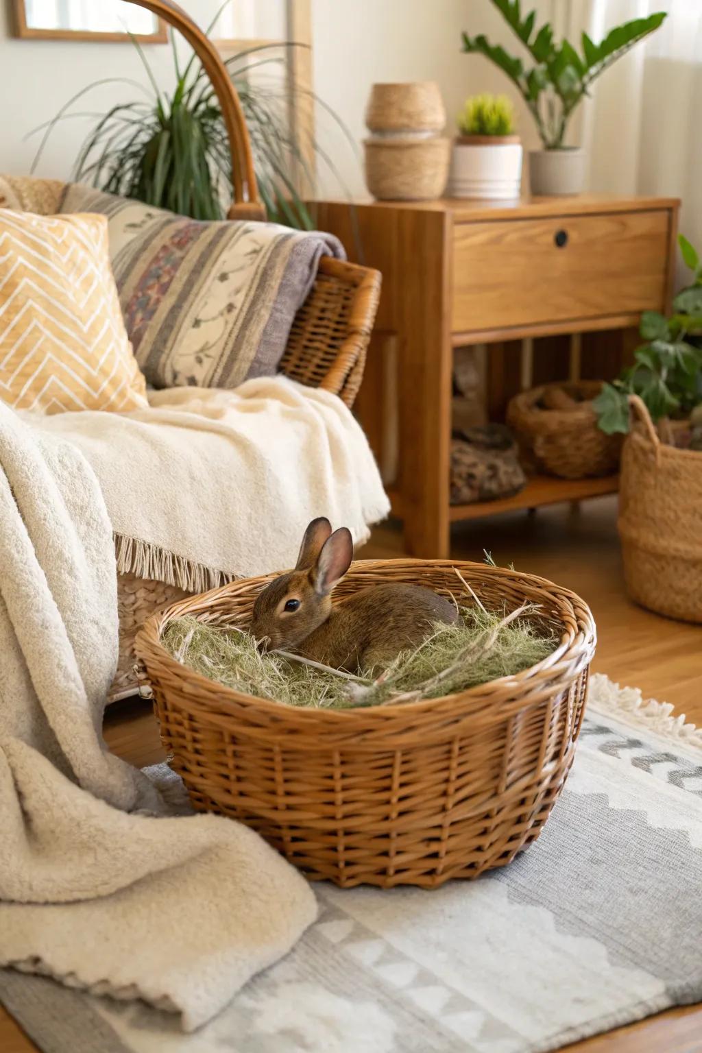 A wicker holder overflowing with rabbit hay, adding a rustic feel to the decor.