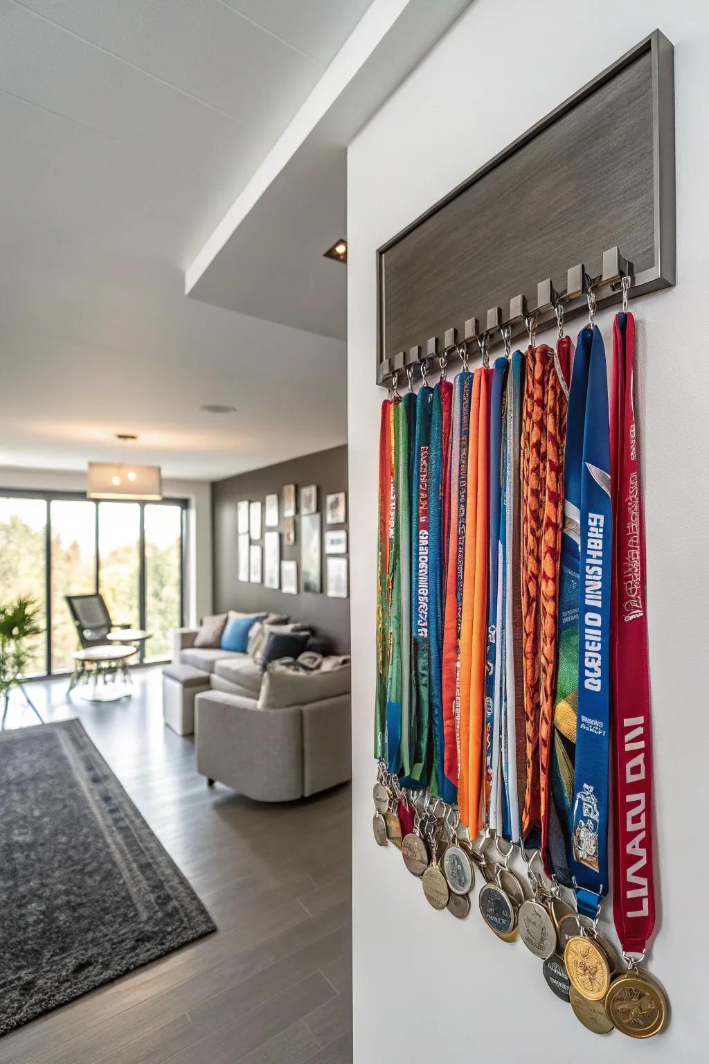 A wall-attached board elevates a simple wall into a dynamic achievement showcase.