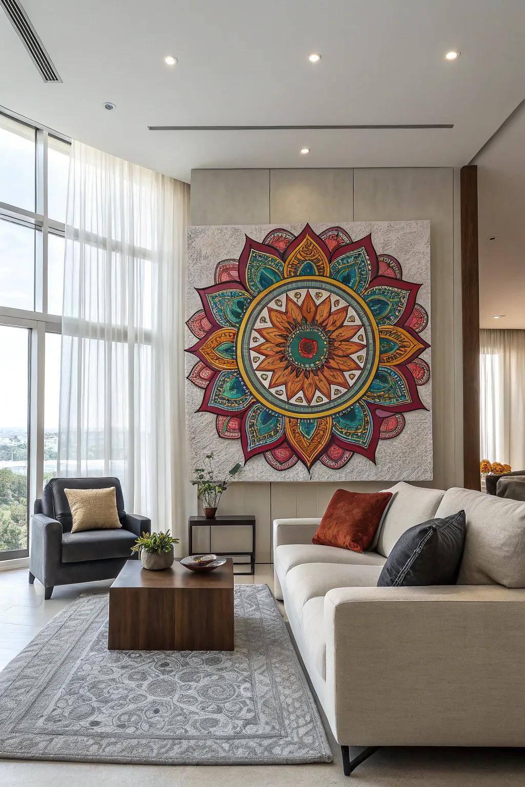A vibrant mandala presented as a focal point in an elegant family room.