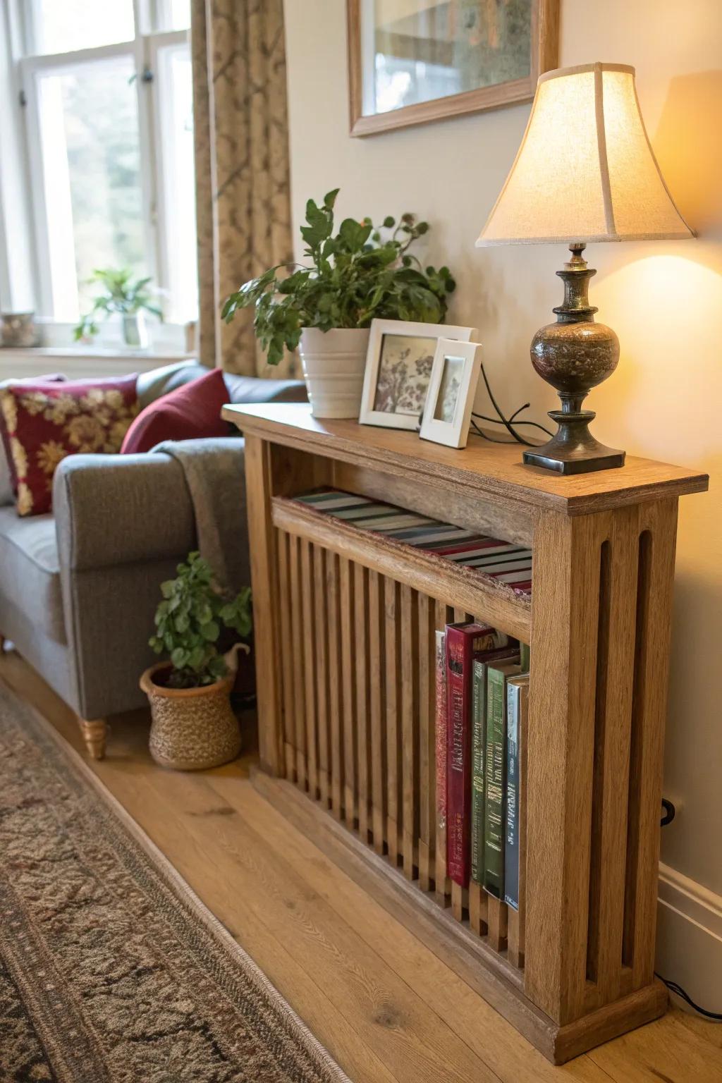 Wood shelves introduce warmth and refinement to any radiator setting.