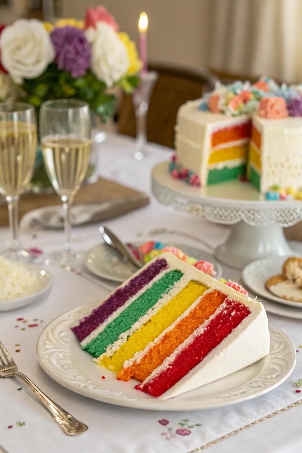 The ageless grace of a traditional tiered color spectrum confection.