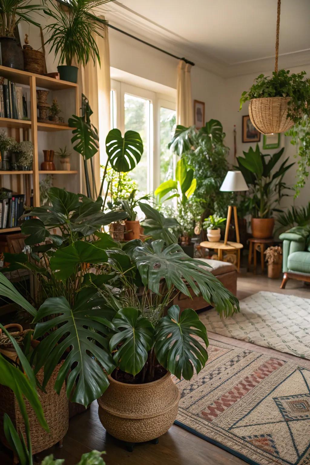 Create a jungle atmosphere with a variety of lush green plants.