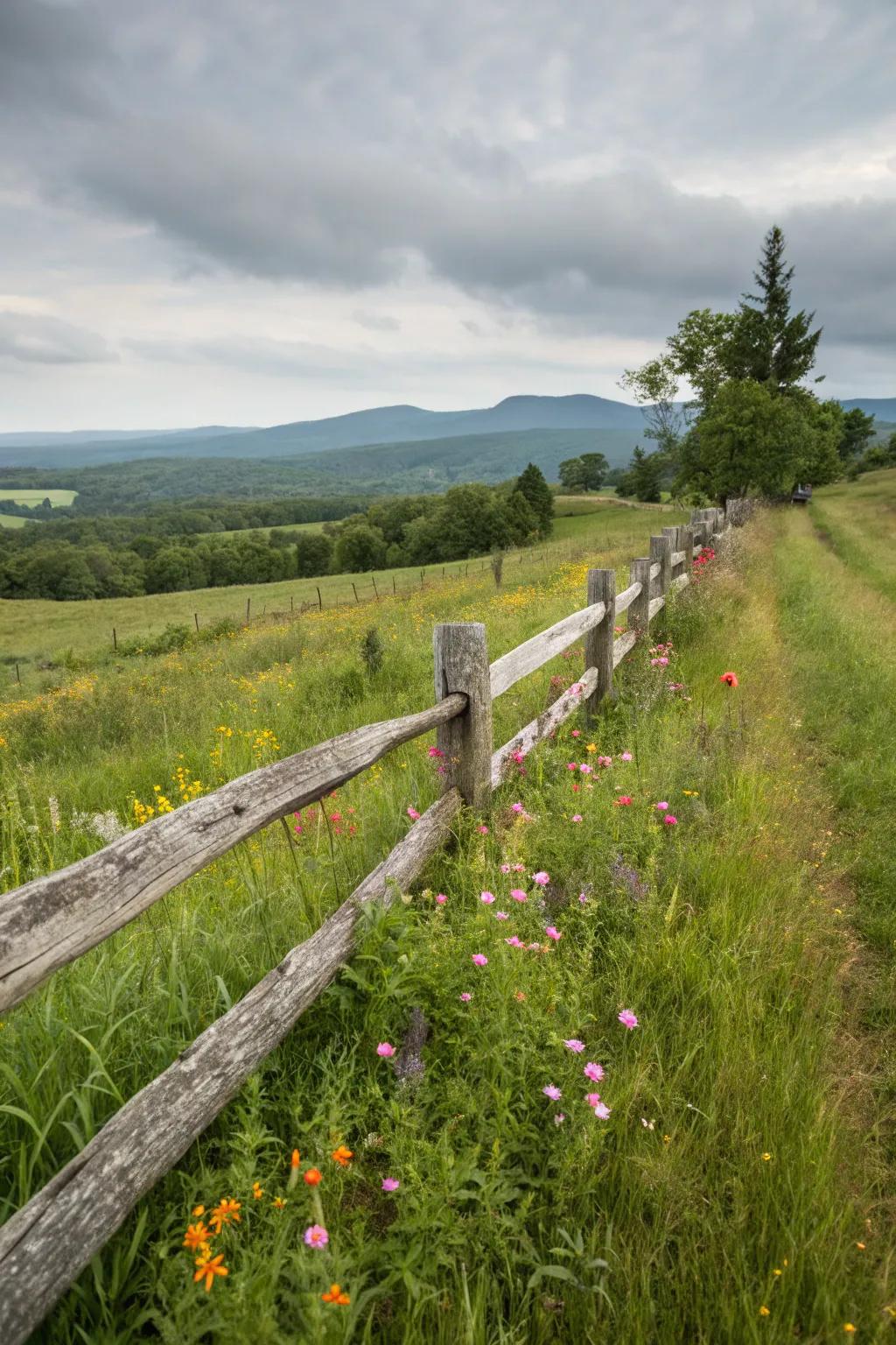 A classic split rail fence surrounds a charming country garden.