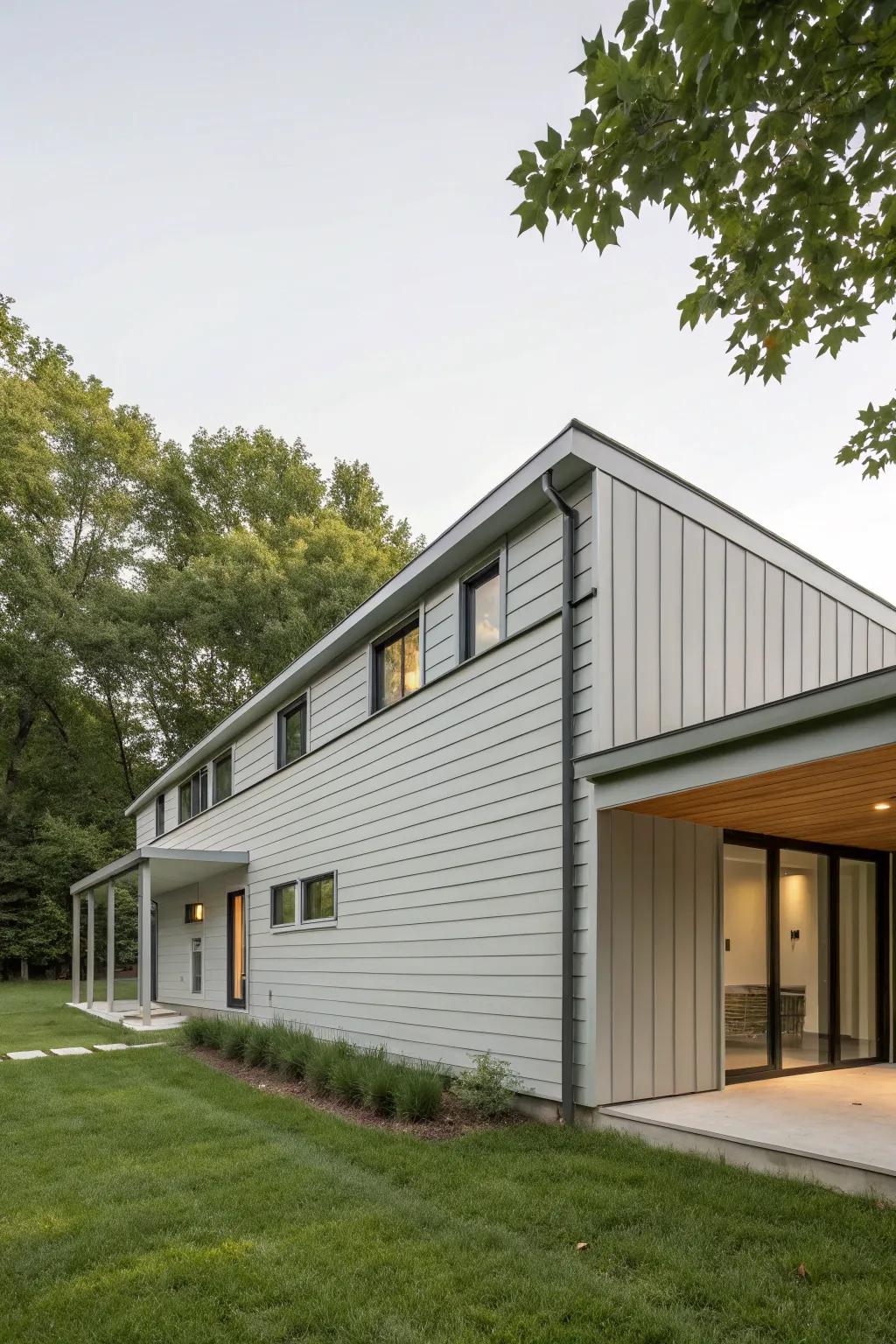 Sleek, linear paneling gives this ranch house a modern touch.