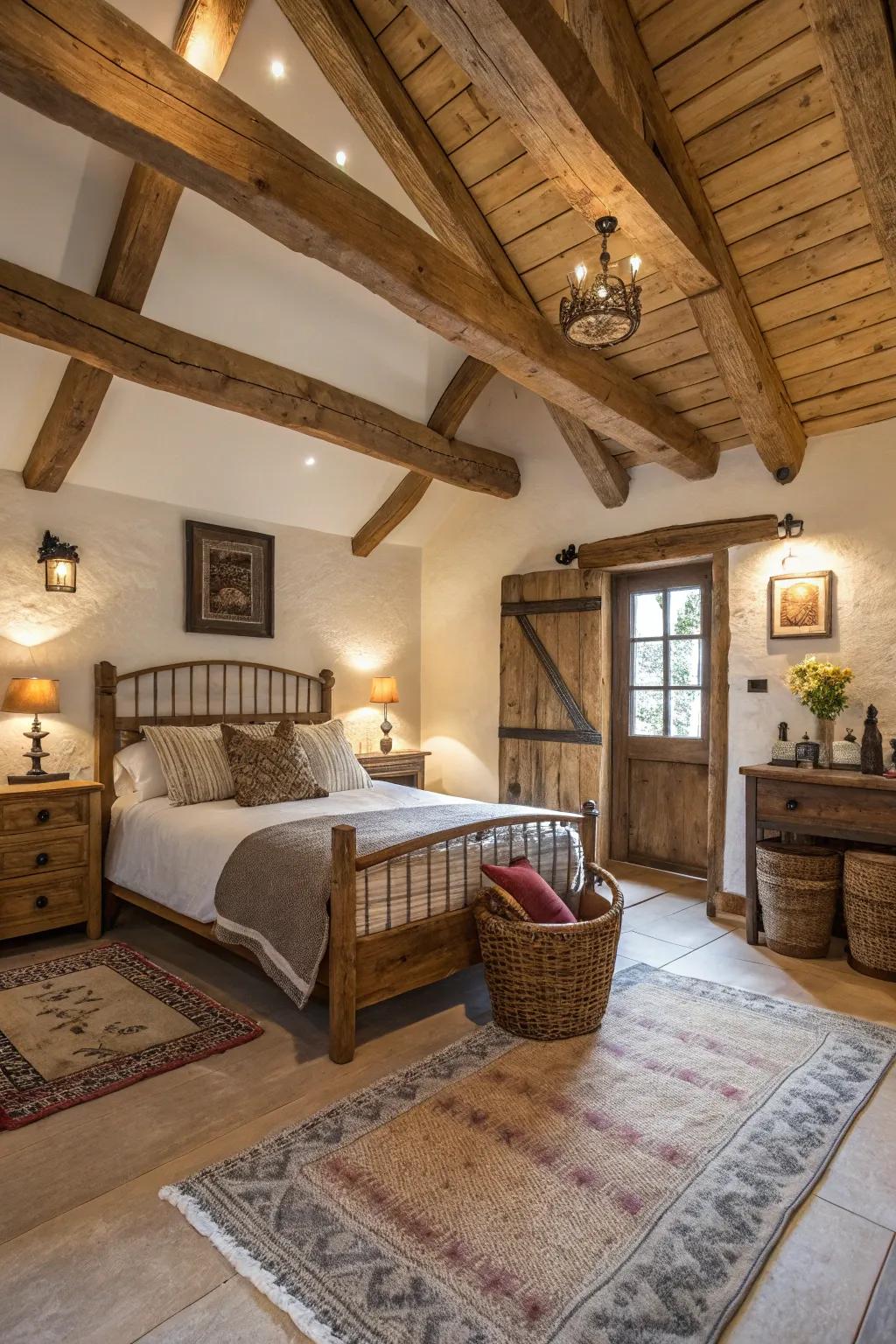 A ranch-style bedroom showcasing exposed wooden beams and countryside-inspired decor elements.