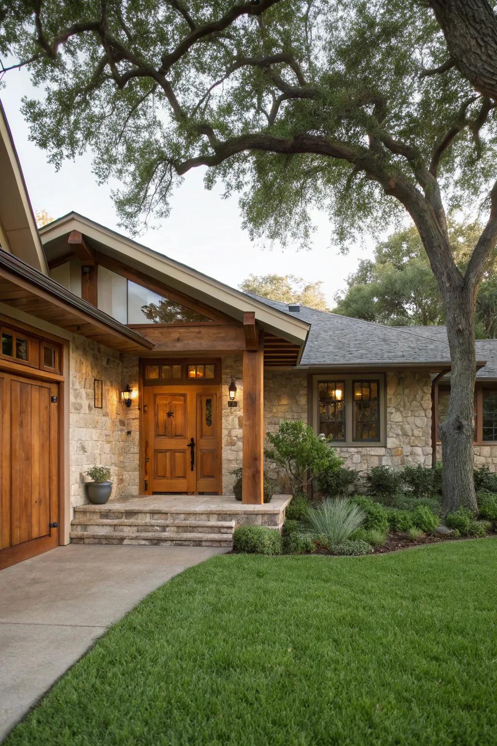 A timeless wood portal brings warmth to every ranch-style dwelling.