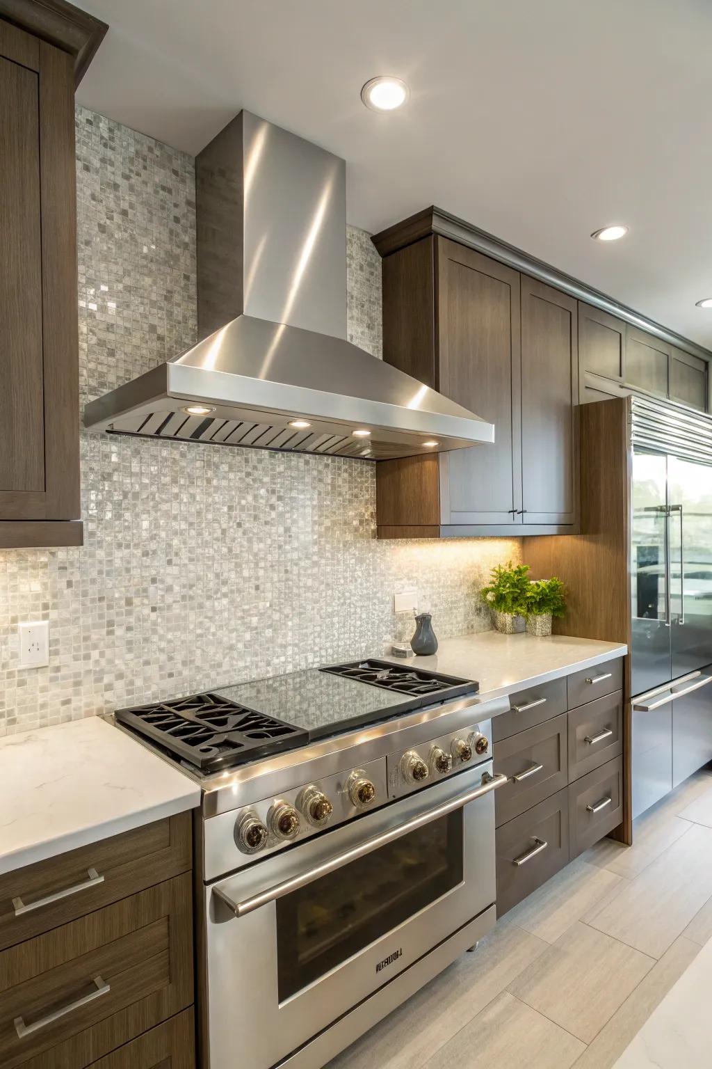 Contemporary kitchen featuring a stainless steel range hood and matching backsplash for a sleek look.